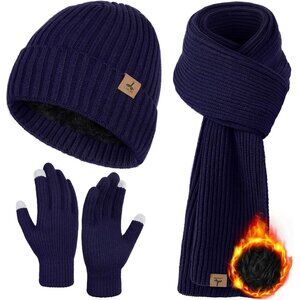 Men's Navy Blue 3 PCS Set Winter Warm Hat Long Knit Hat Touchscreen Gloves